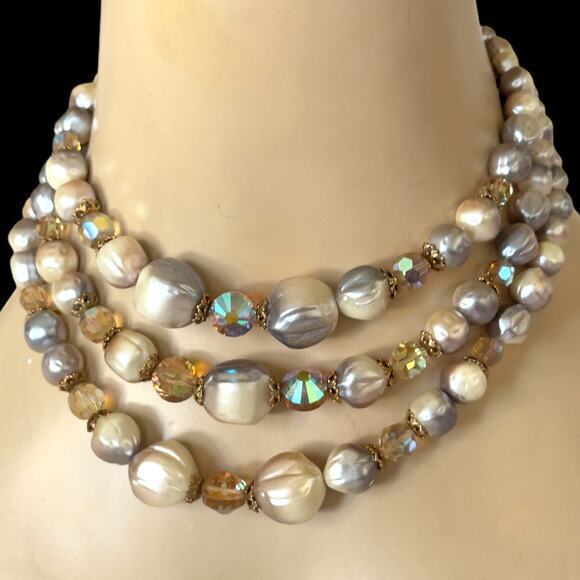 Vintage Baroque Crystal Pearl Triple Strand Citrine Rhinestone 1950s Necklace